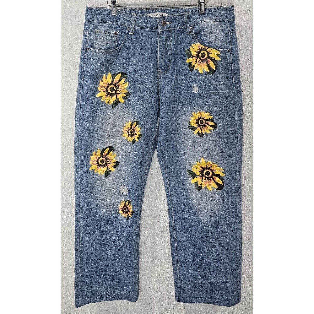 Misslook Sunflower Sz XL Jeans Anthropologie Hippie Boho Blue Distressed Denim - Picture 1 of 11